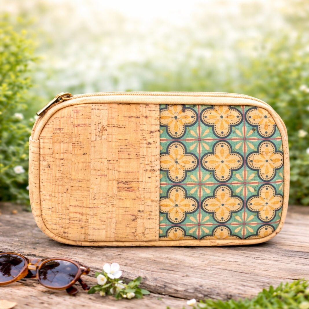 Natural Cork Blue Floral Tiles Design Coin and Card Purse