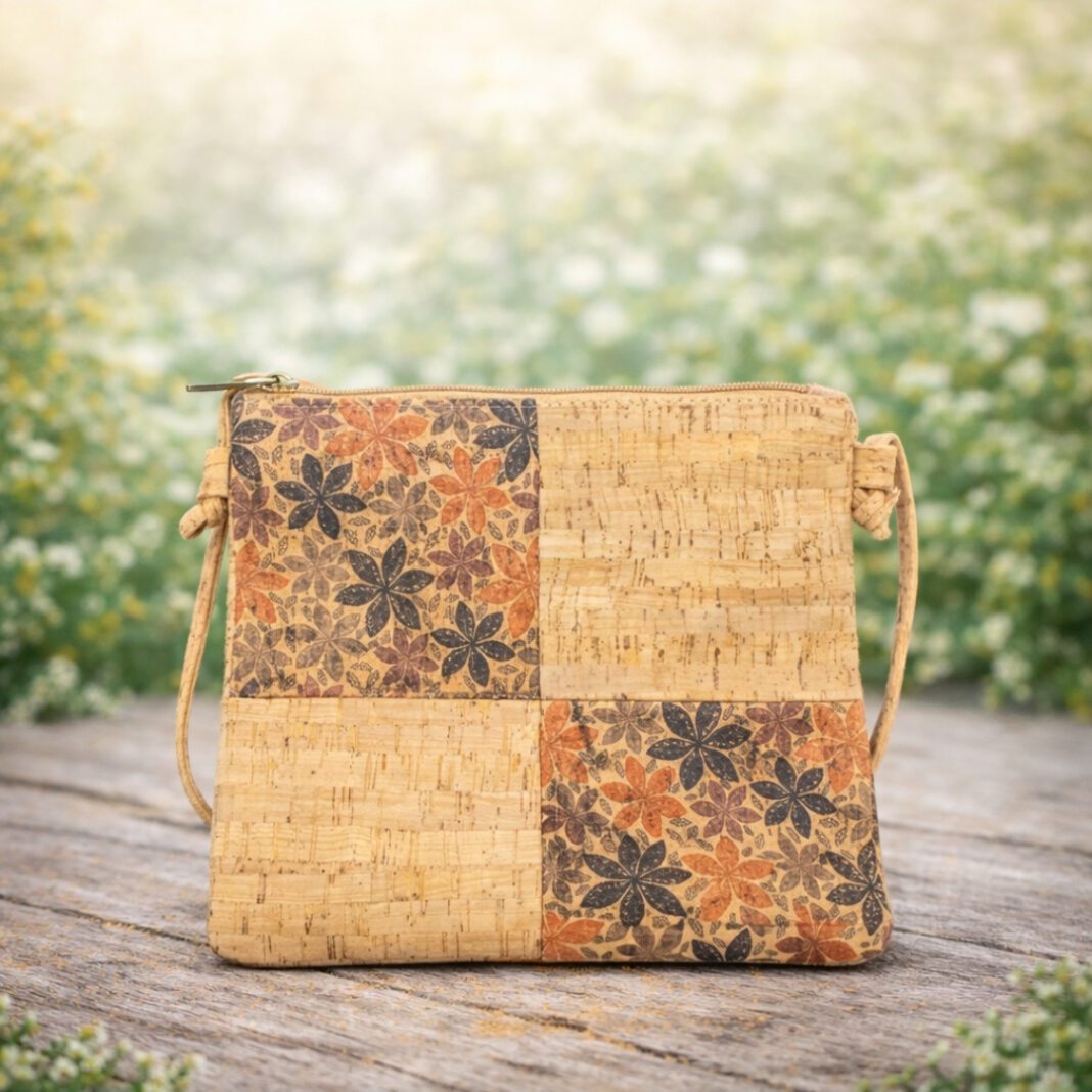 Natural Cork Crossbody Brown and Blue Flowers Patterned Sling Bag
