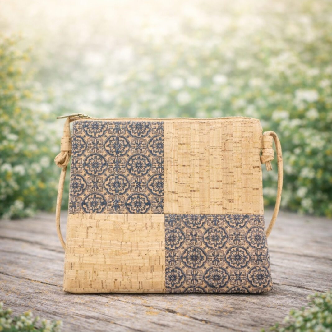 Natural Cork Crossbody Traditional Blue Tiles Patterned Sling Bag