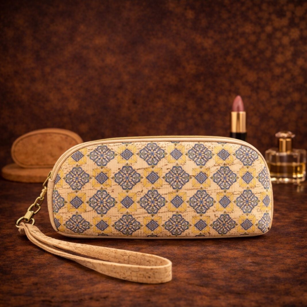 Natural Cork Yellow and Blue Tile Design Make Up Bag