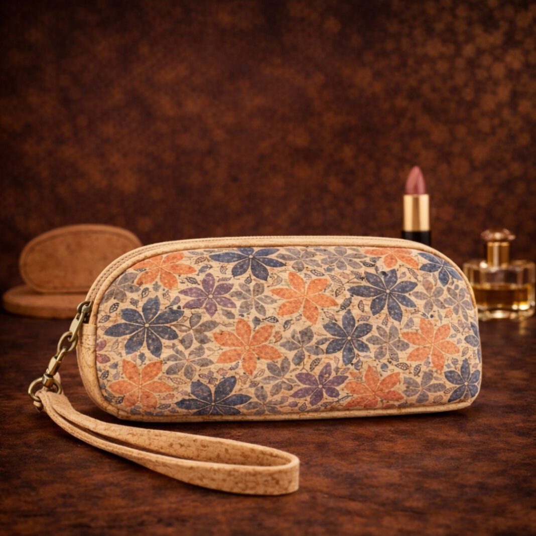 Natural Cork Blue and Brown Flowers Design Make Up Bag