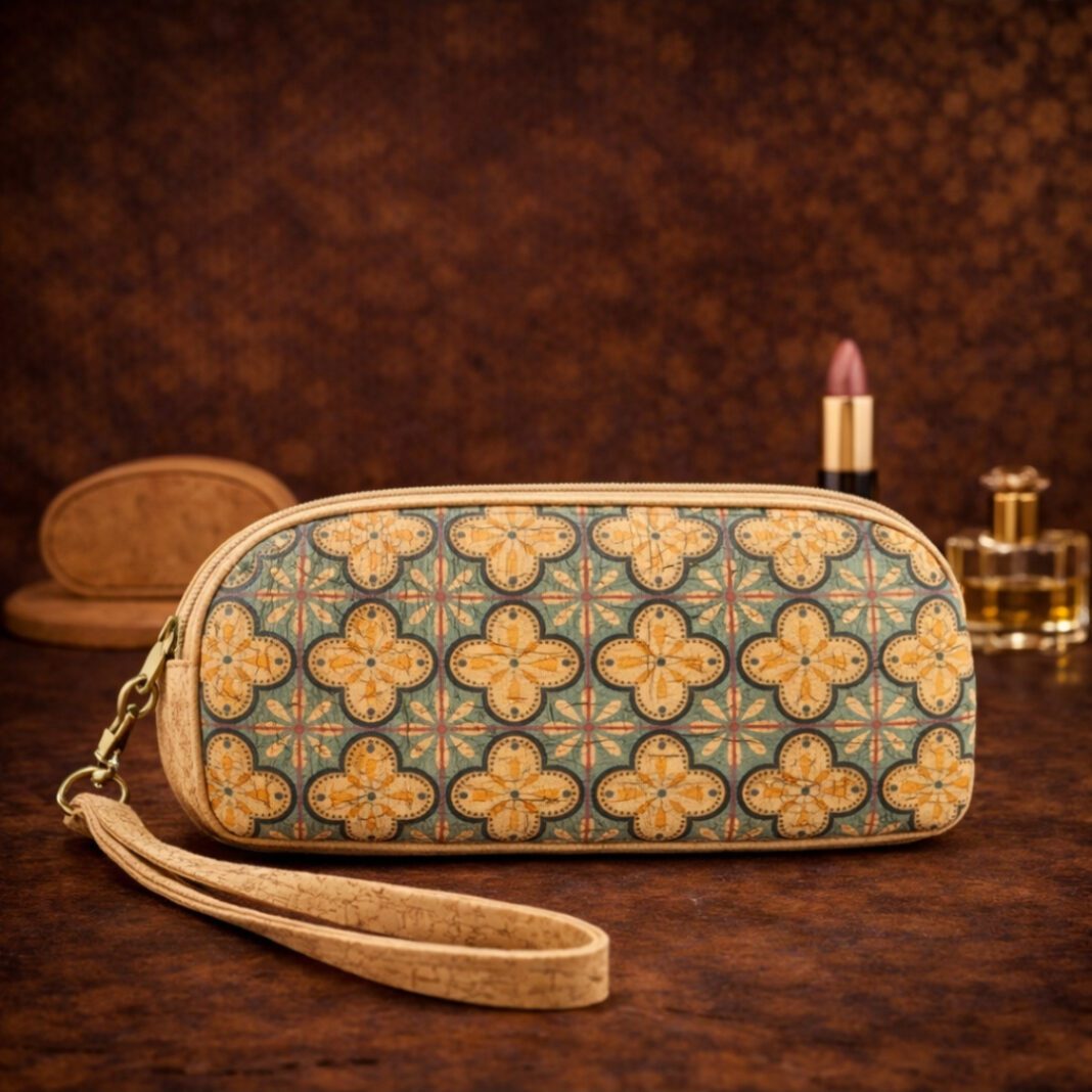 Natural Cork Blue Flower Tile Design Make Up Bag