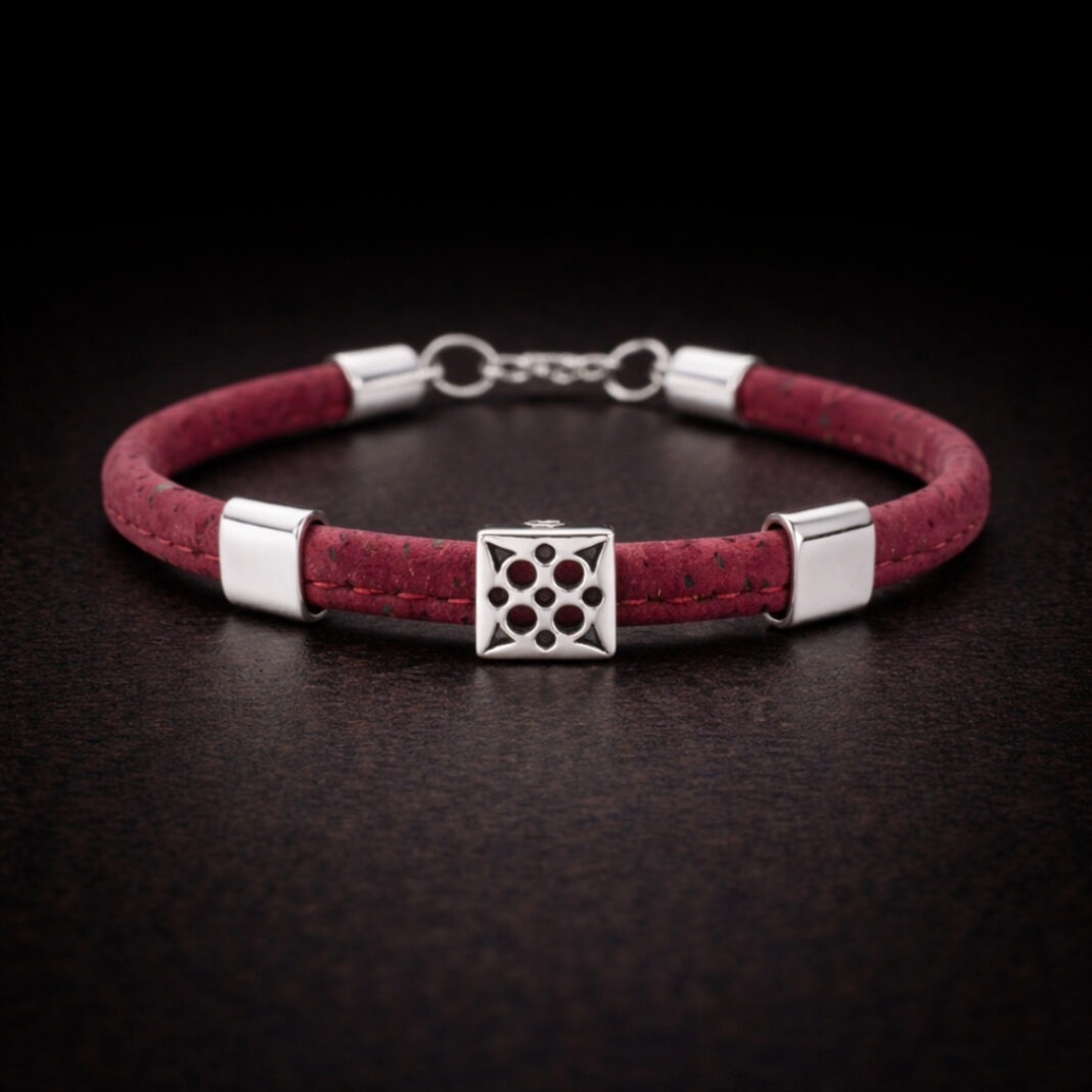 Handmade Natural Cork Square Pattern Bracelet - Dark Red