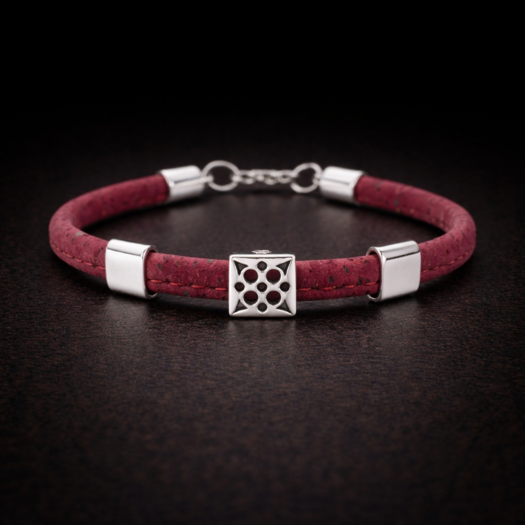 Handmade Natural Cork Square Pattern Bracelet - Dark Red