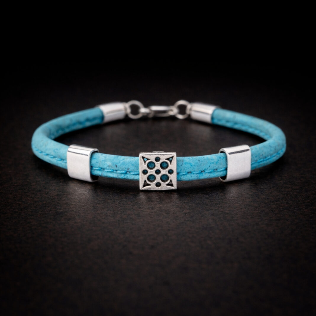 Handmade Natural Cork Square Pattern Bracelet - Light Blue