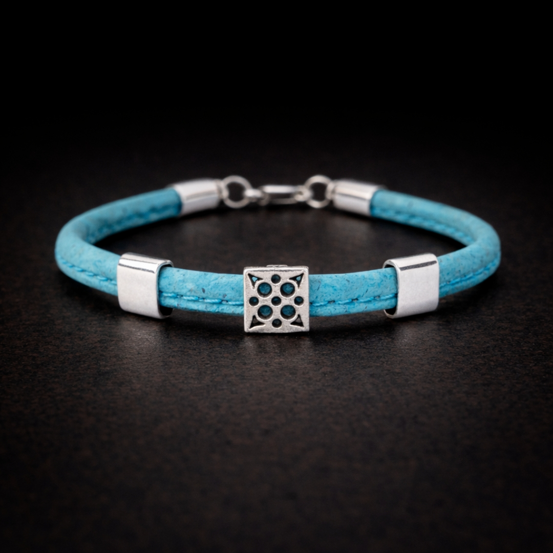 Handmade Natural Cork Square Pattern Bracelet - Light Blue