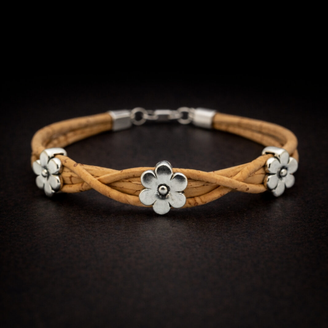 Handmade Natural Cork Three Flowers Bracelet - natural