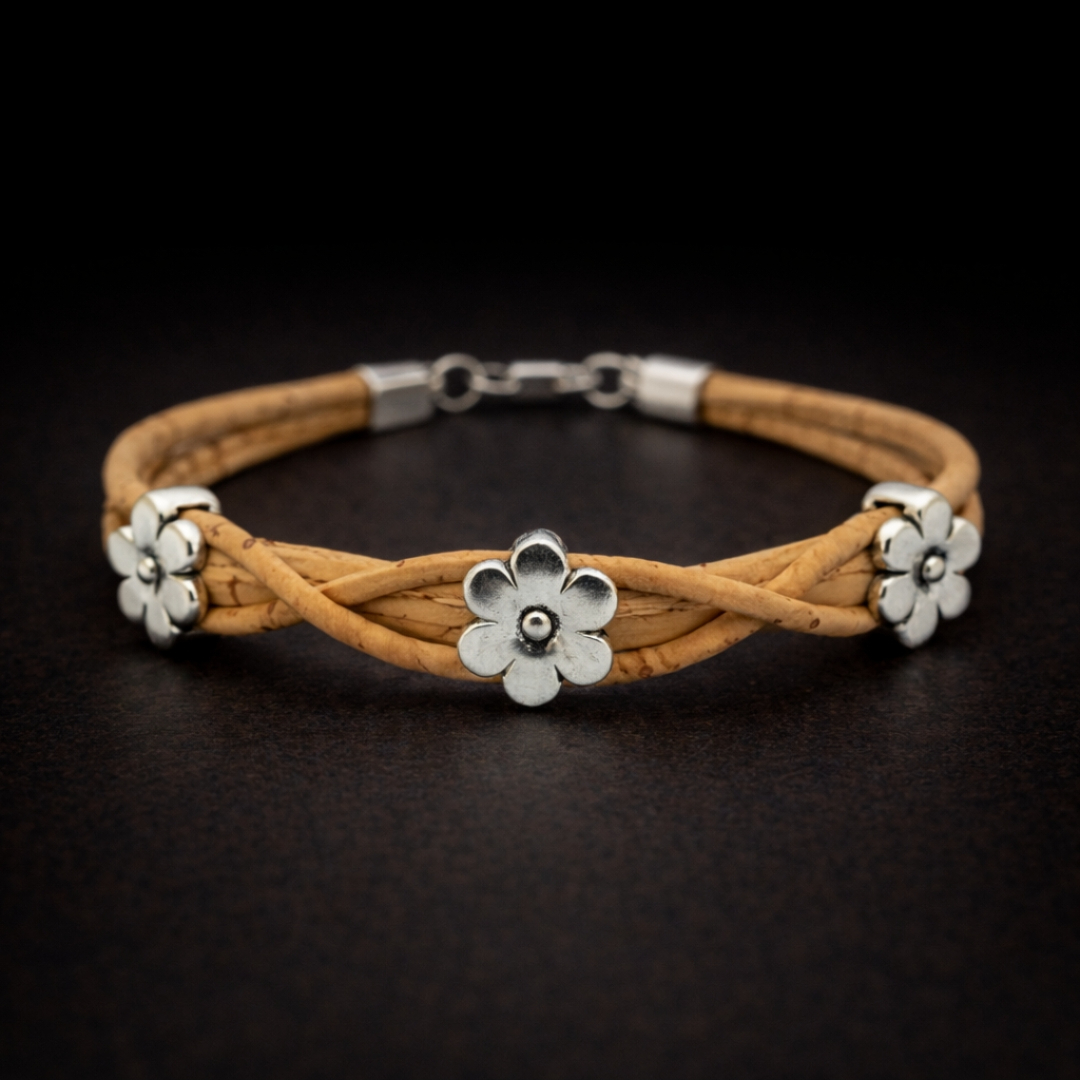 Handmade Natural Cork Three Flowers Bracelet - natural