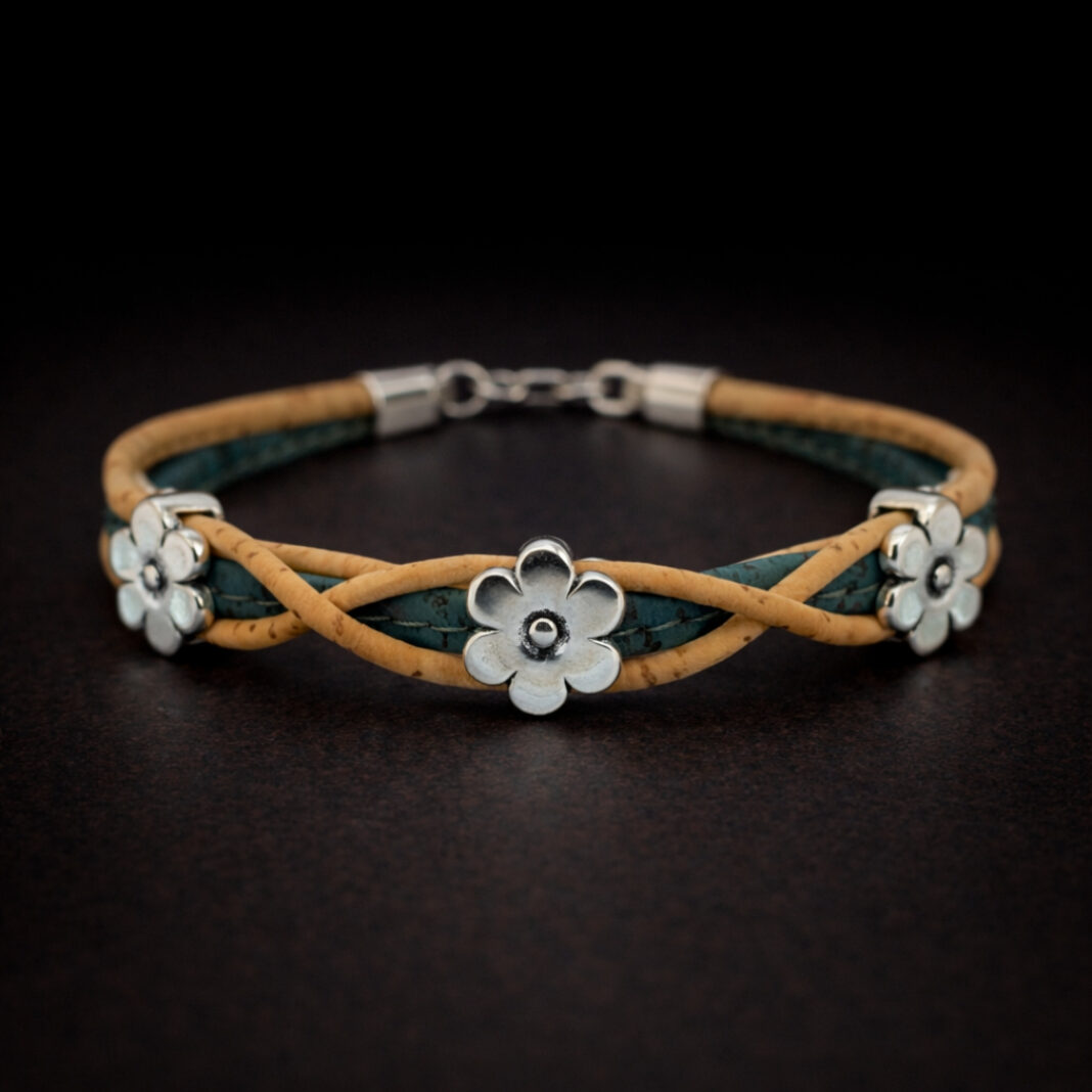 Handmade Natural Cork Three Flowers Bracelet - teal