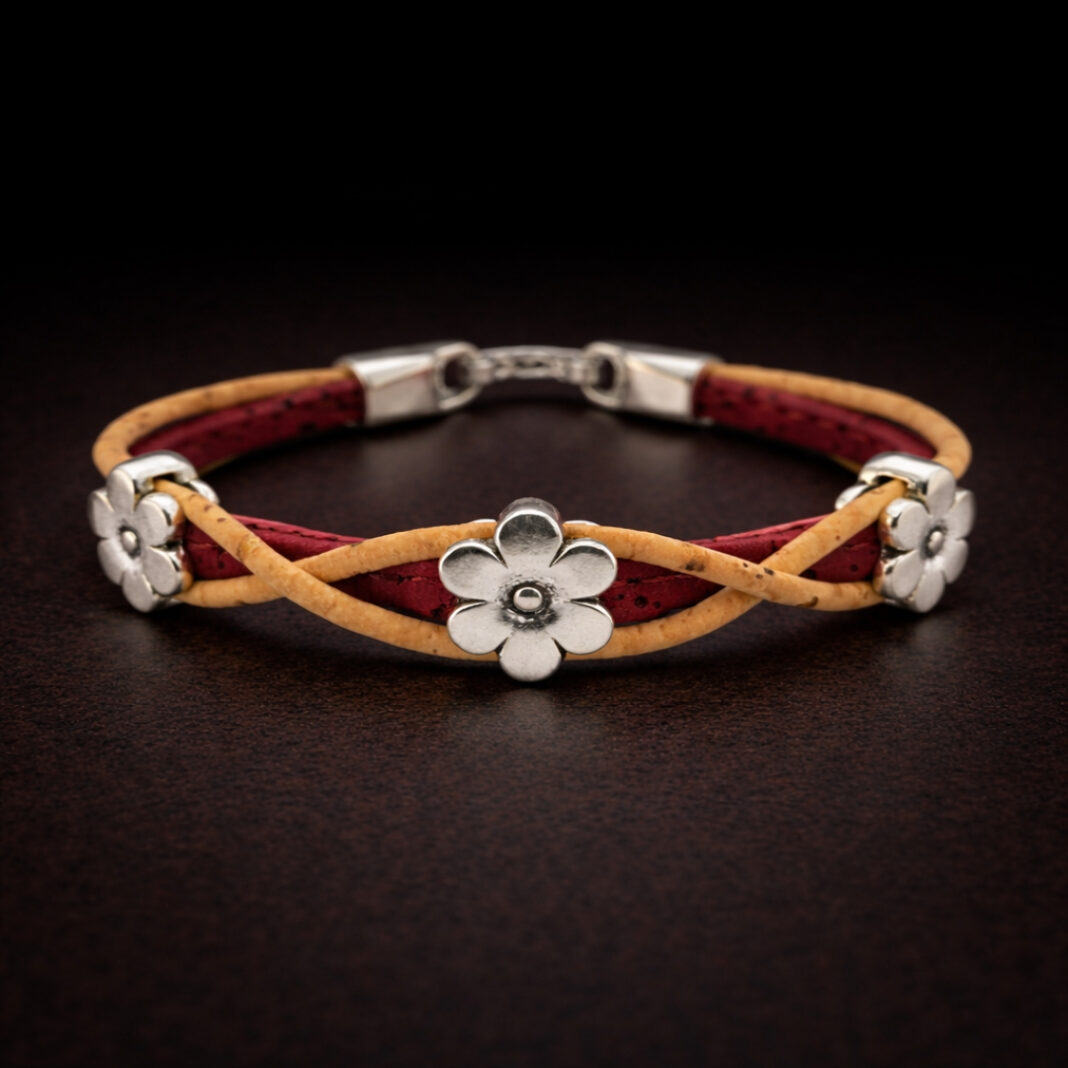 Handmade Natural Cork Three Flowers Bracelet - red