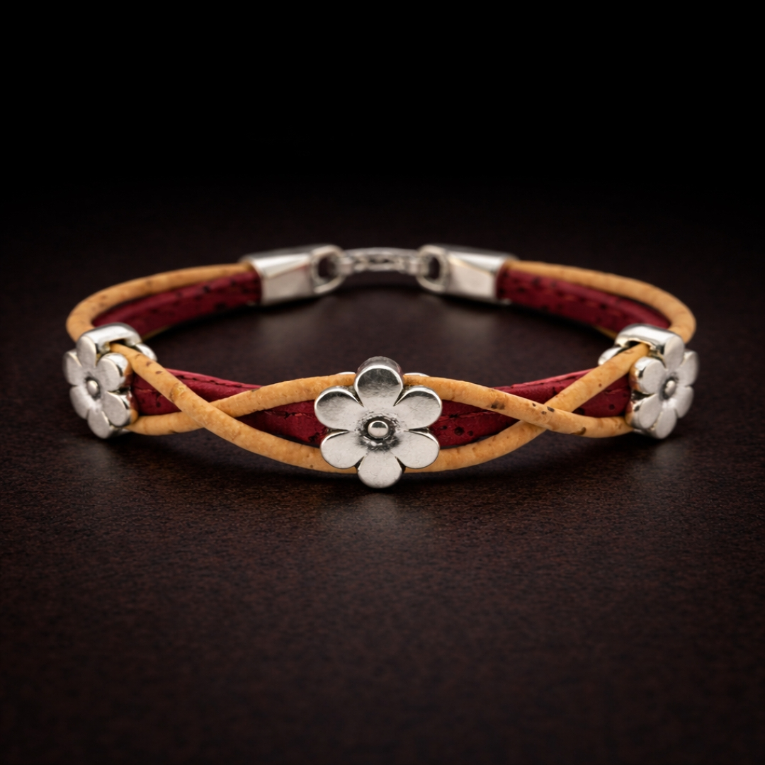 Handmade Natural Cork Three Flowers Bracelet - red
