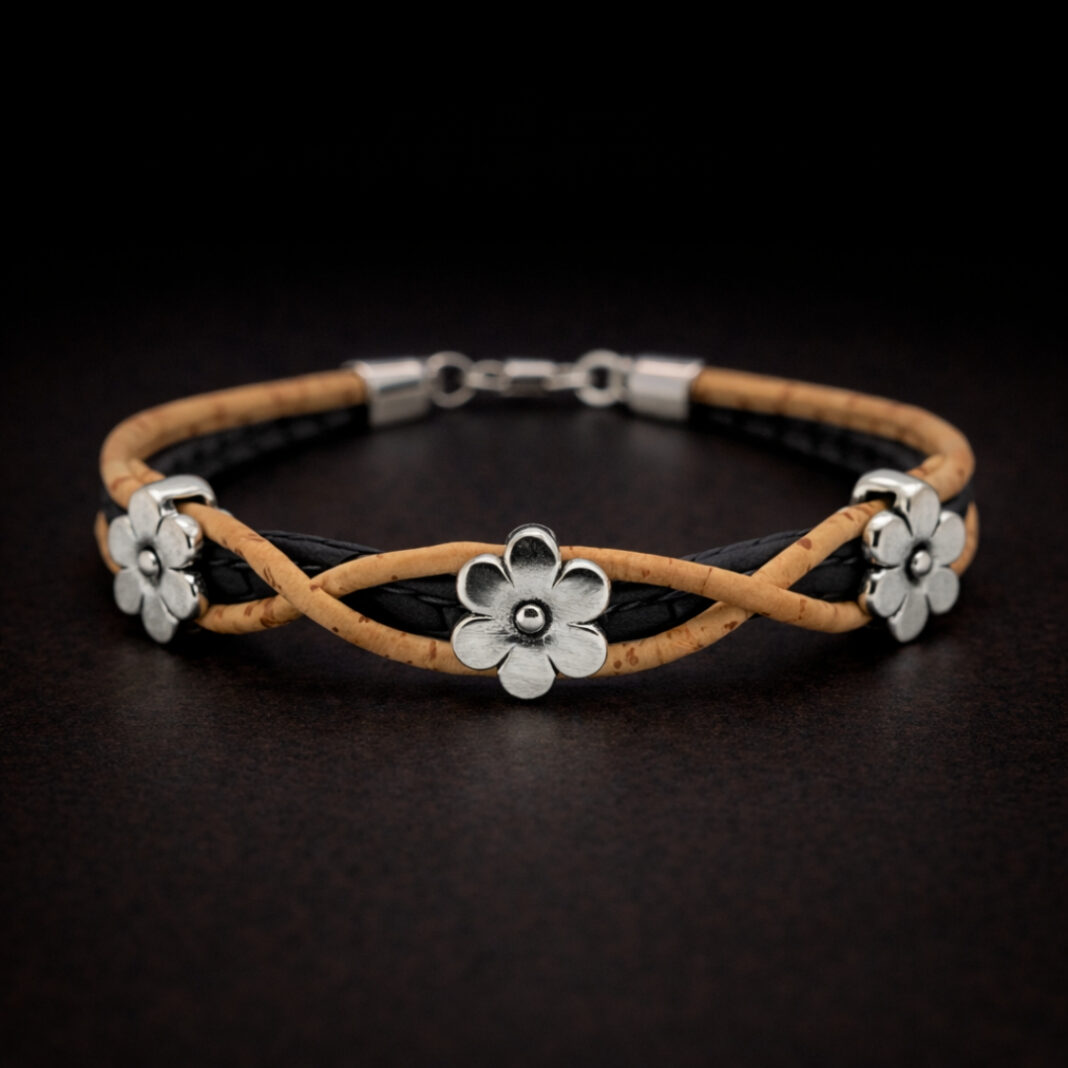 Handmade Natural Cork Three Flowers Bracelet - black