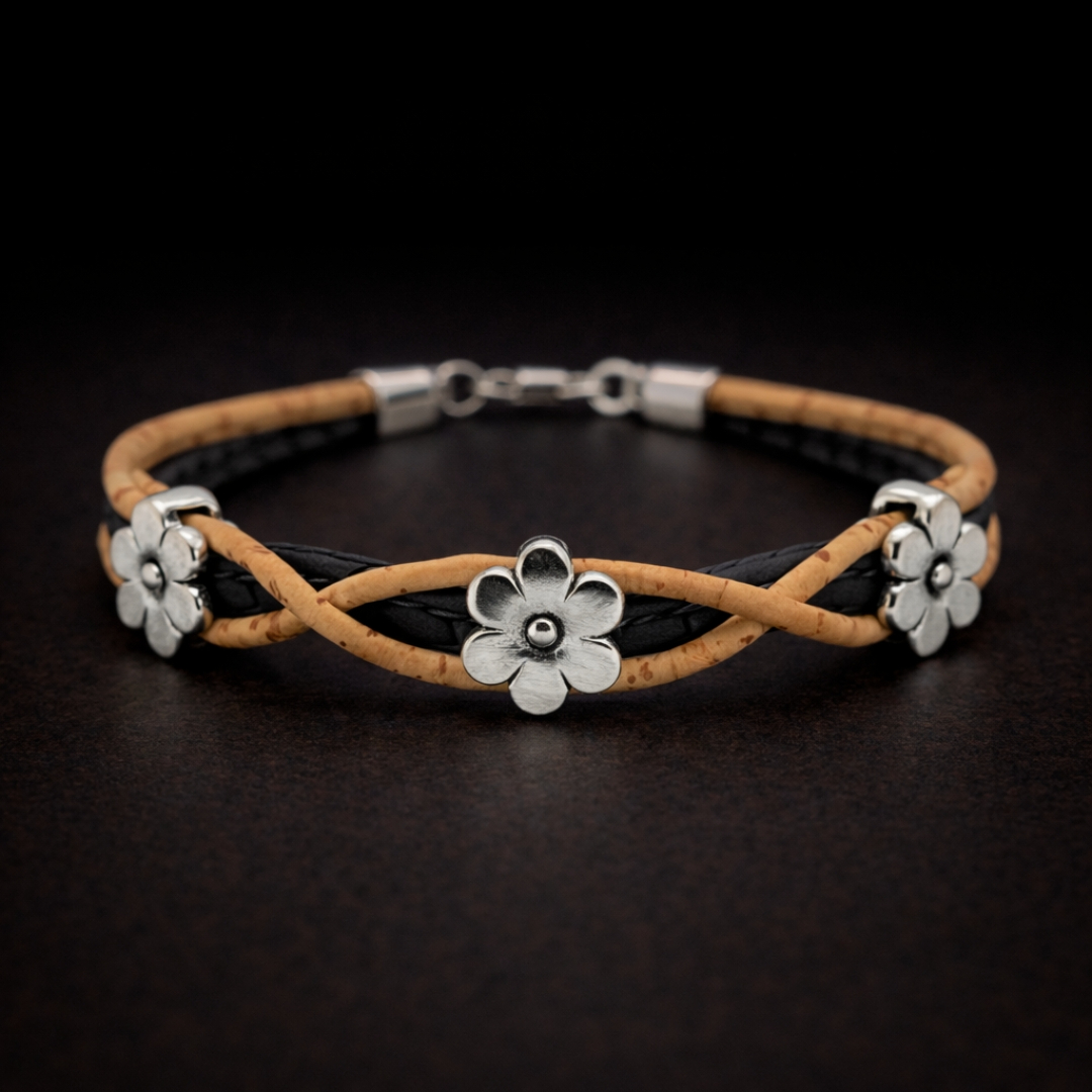 Handmade Natural Cork Three Flowers Bracelet - black