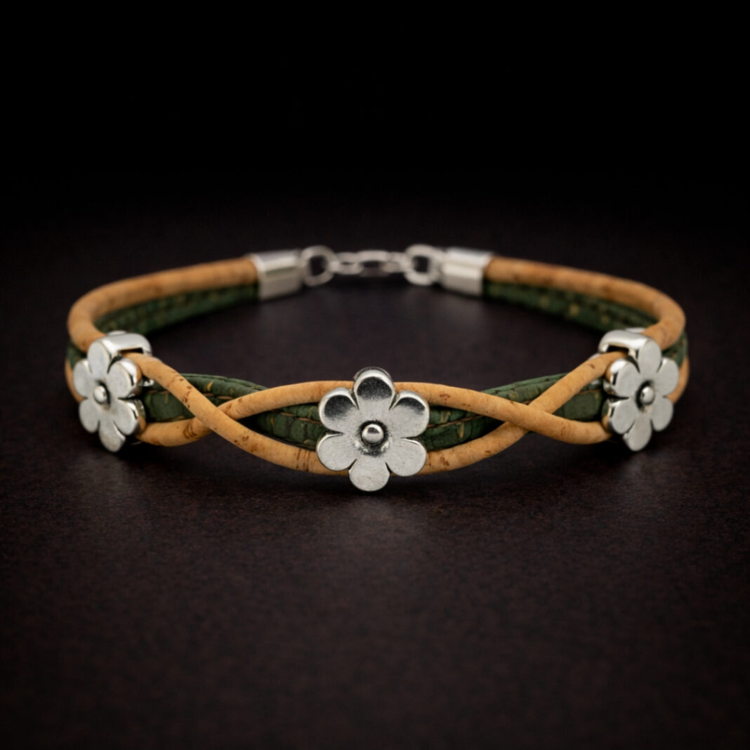 Handmade Natural Cork Three Flowers Bracelet - green
