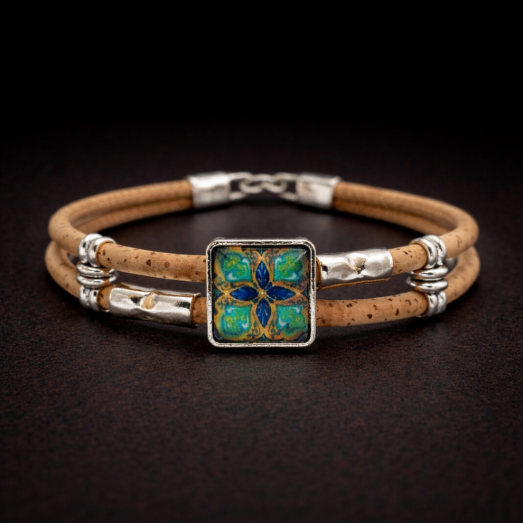 Handmade Natural Cork Square Tile Bracelet - blue & green