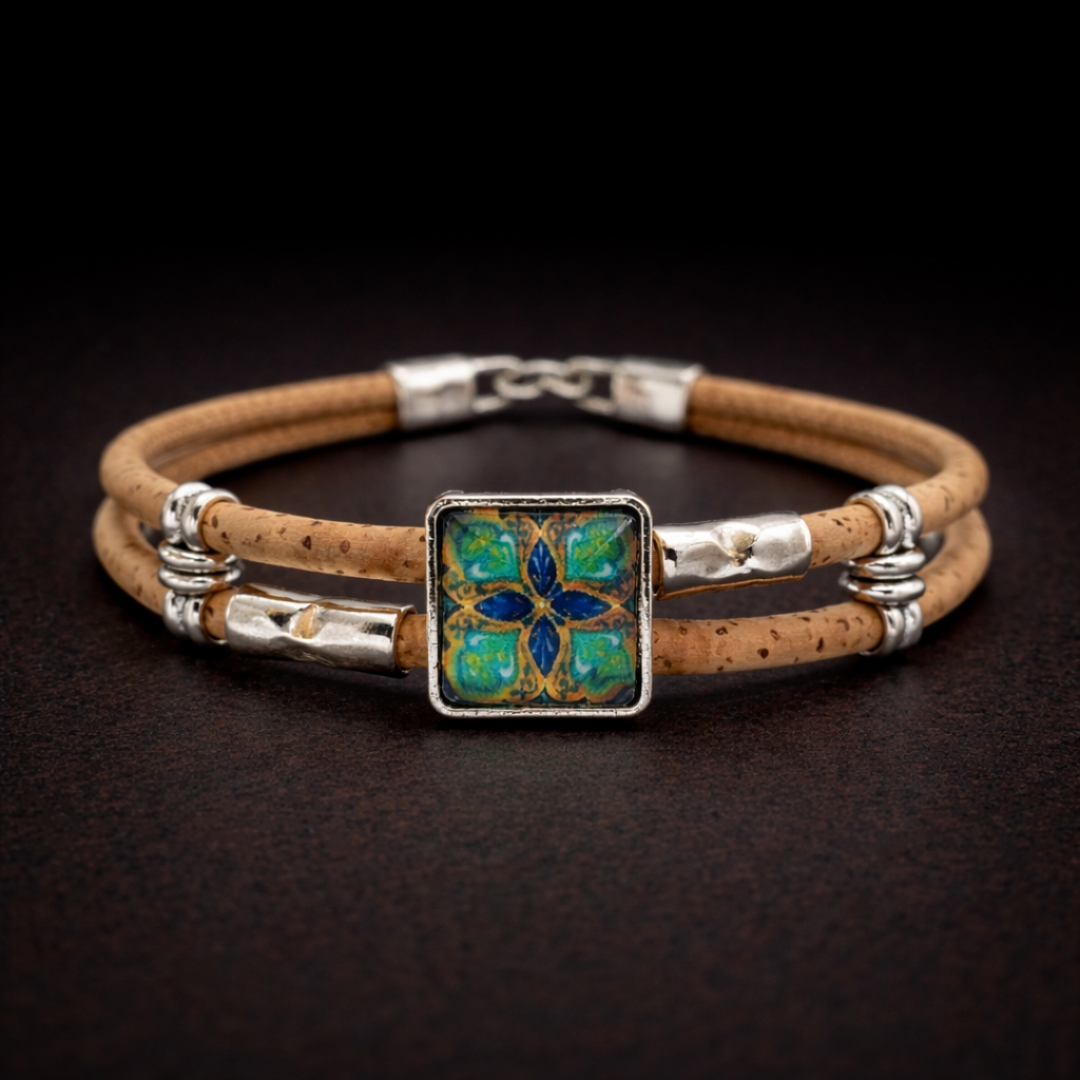 Handmade Natural Cork Square Tile Bracelet - blue & green