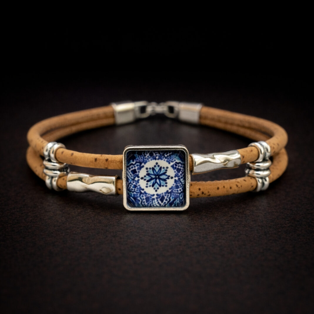 Handmade Natural Cork Square Tile Bracelet - blue & white flower