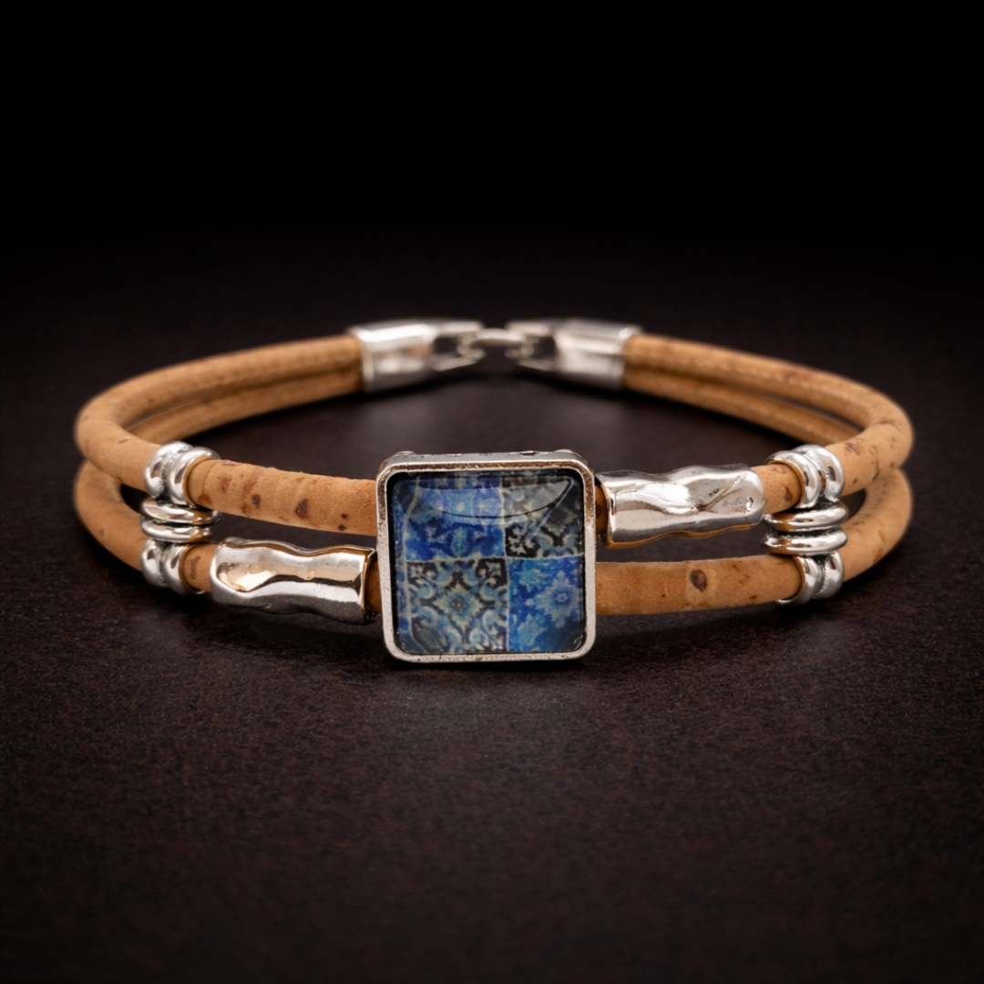 Handmade Natural Cork Square Tile Bracelet - blue 4 tiles