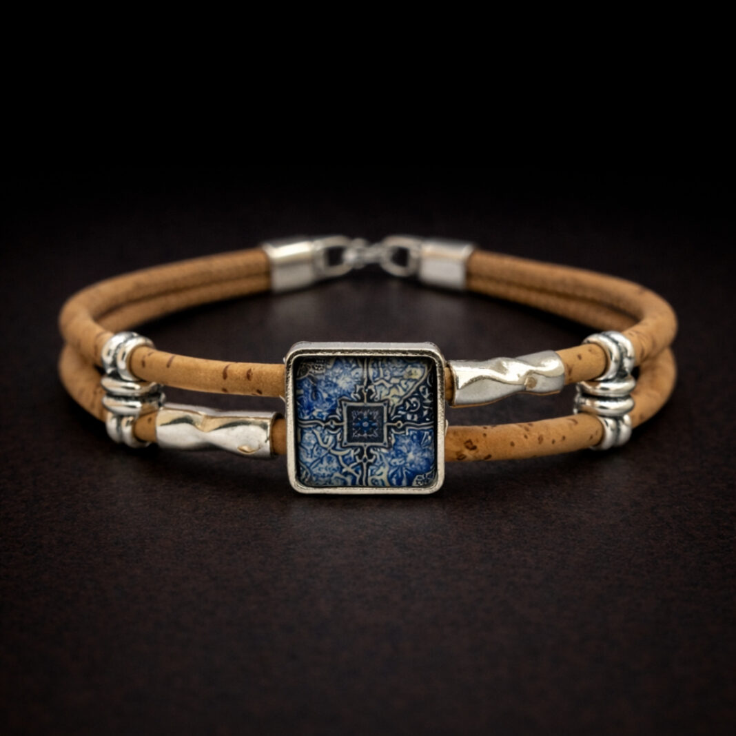 Handmade Natural Cork Square Tile Bracelet - blue 5 tiles