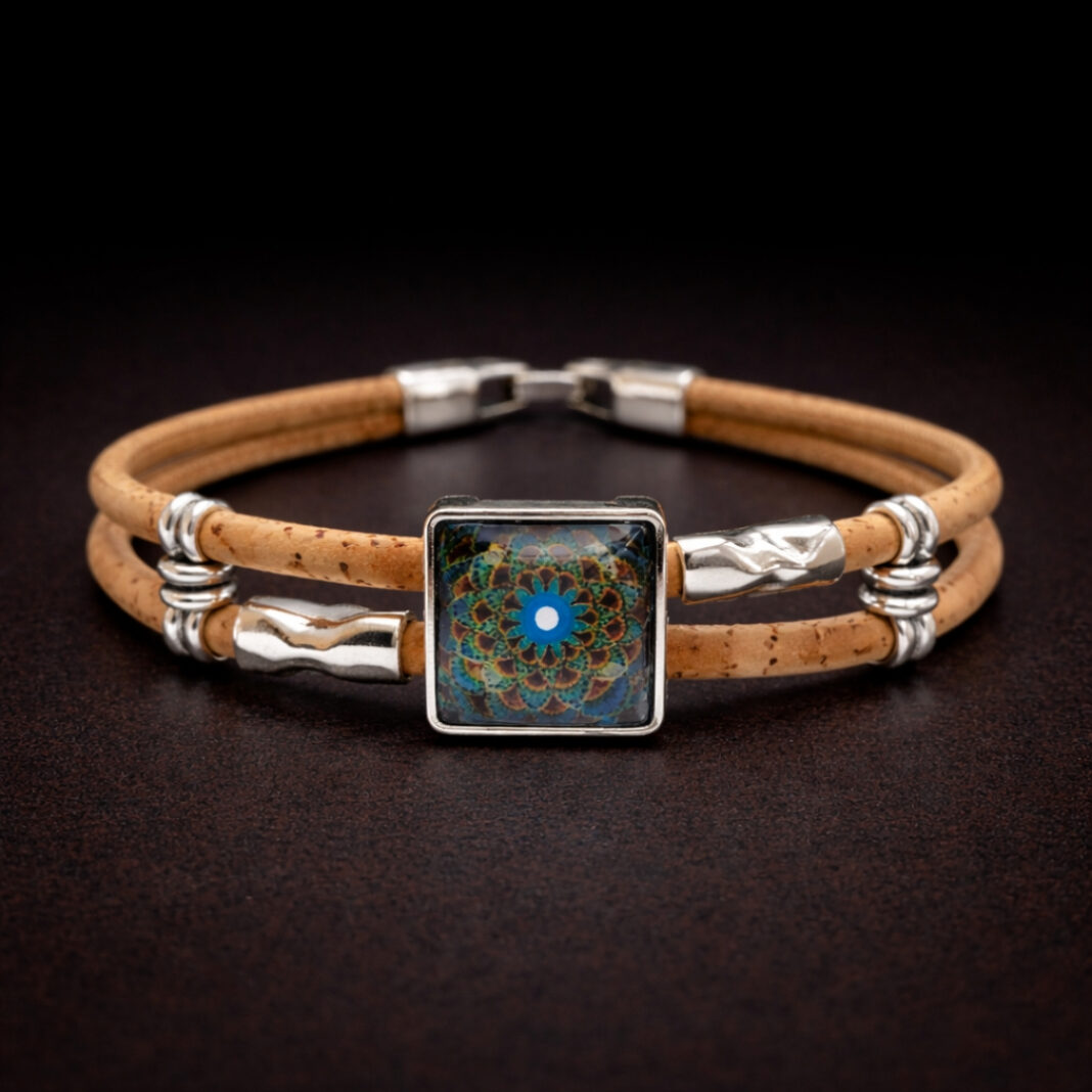 Handmade Natural Cork Square Tile Bracelet - peacock flower