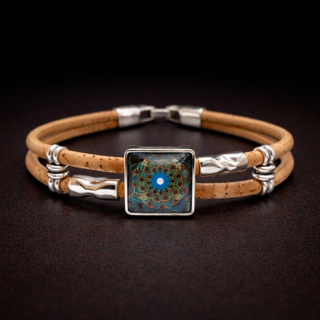 Handmade Natural Cork Square Tile Bracelet - peacock flower