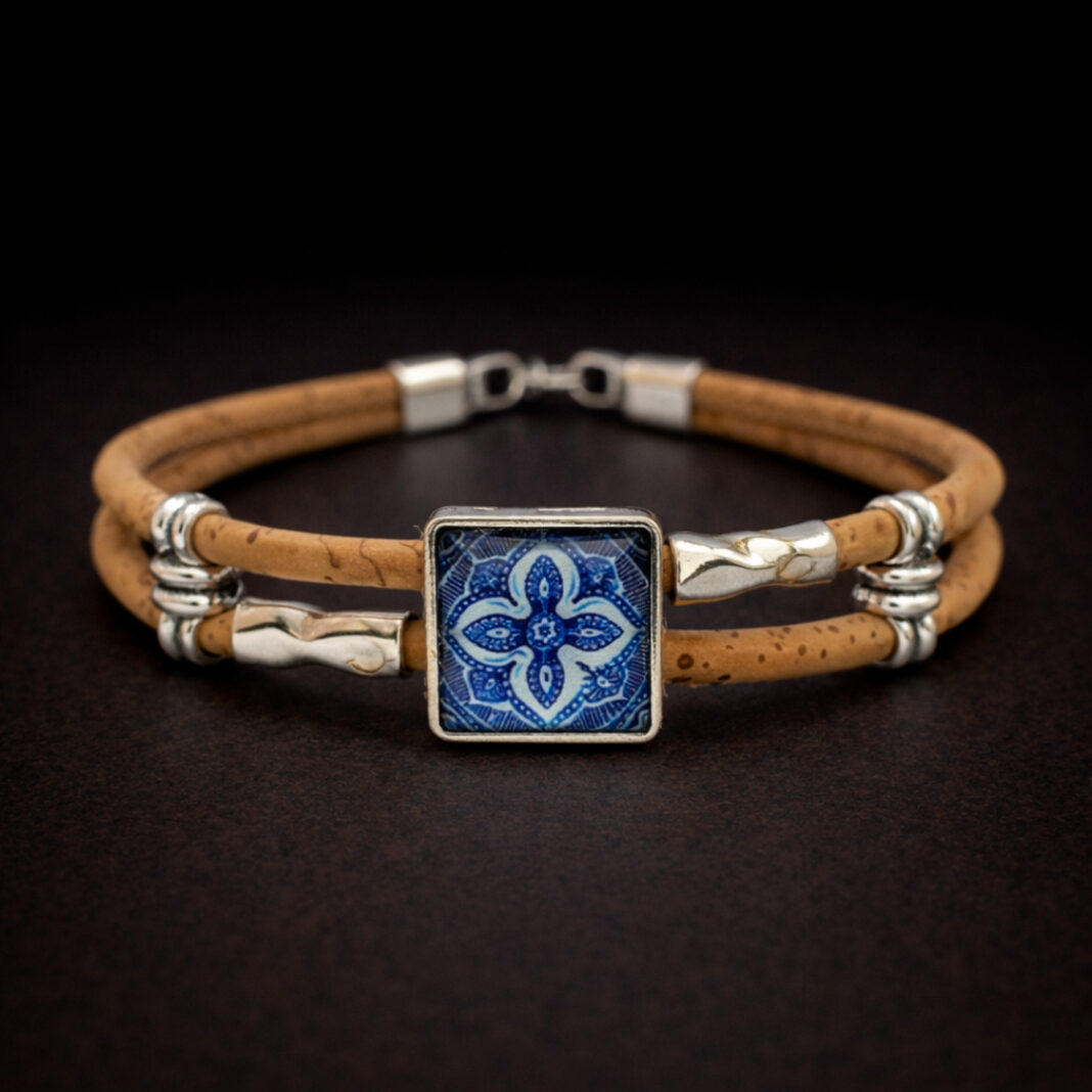 Handmade Natural Cork Square Tile Bracelet - blue cross