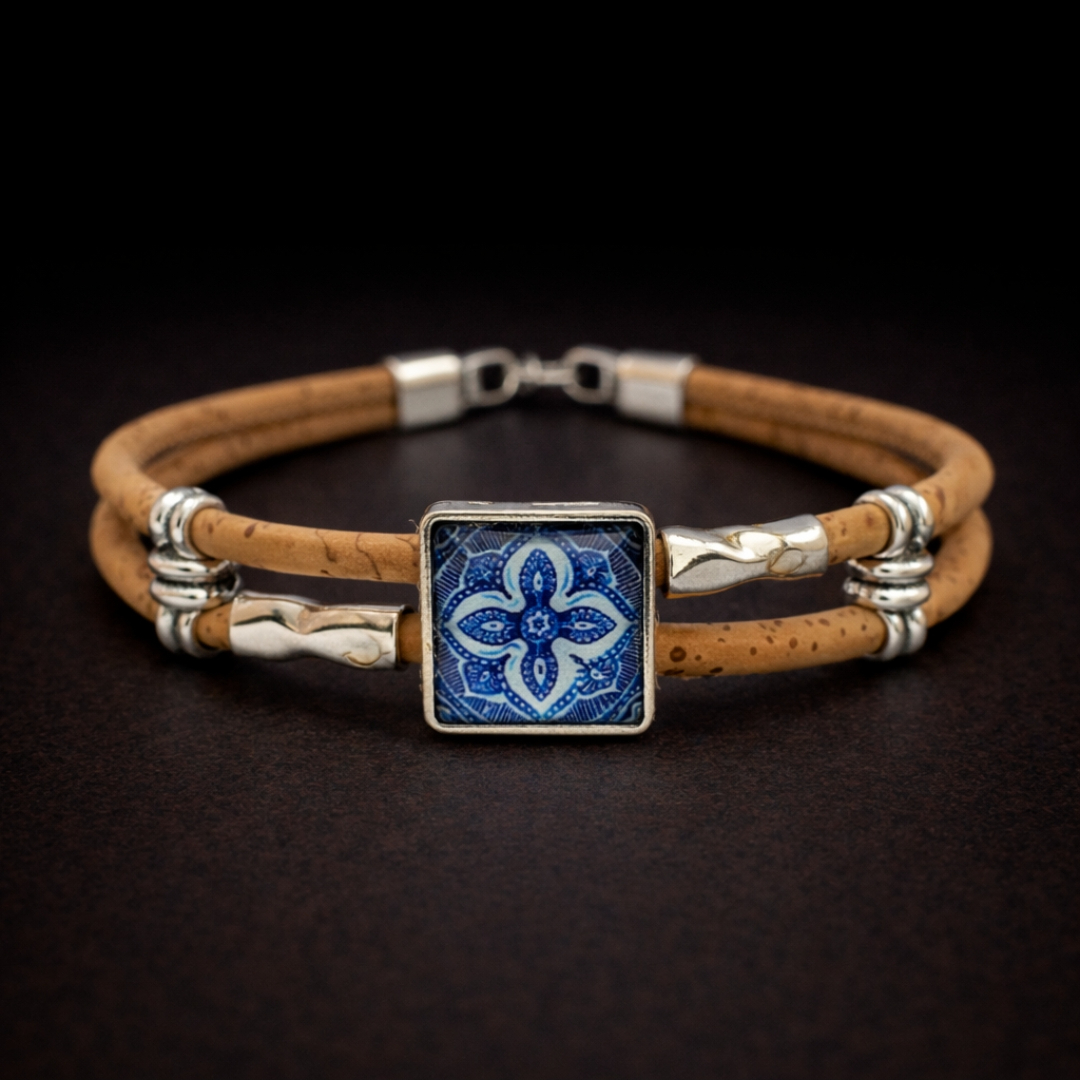 Handmade Natural Cork Square Tile Bracelet - blue cross