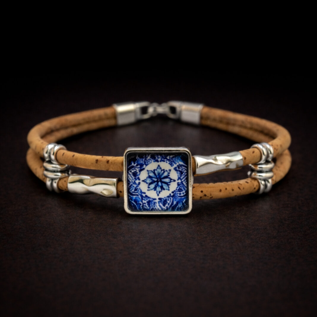 Handmade Natural Cork Square Tile Bracelet - blue flower