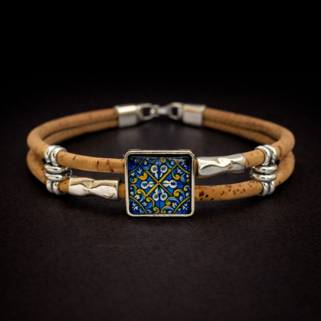 Handmade Natural Cork Square Tile Bracelet - yellow cross