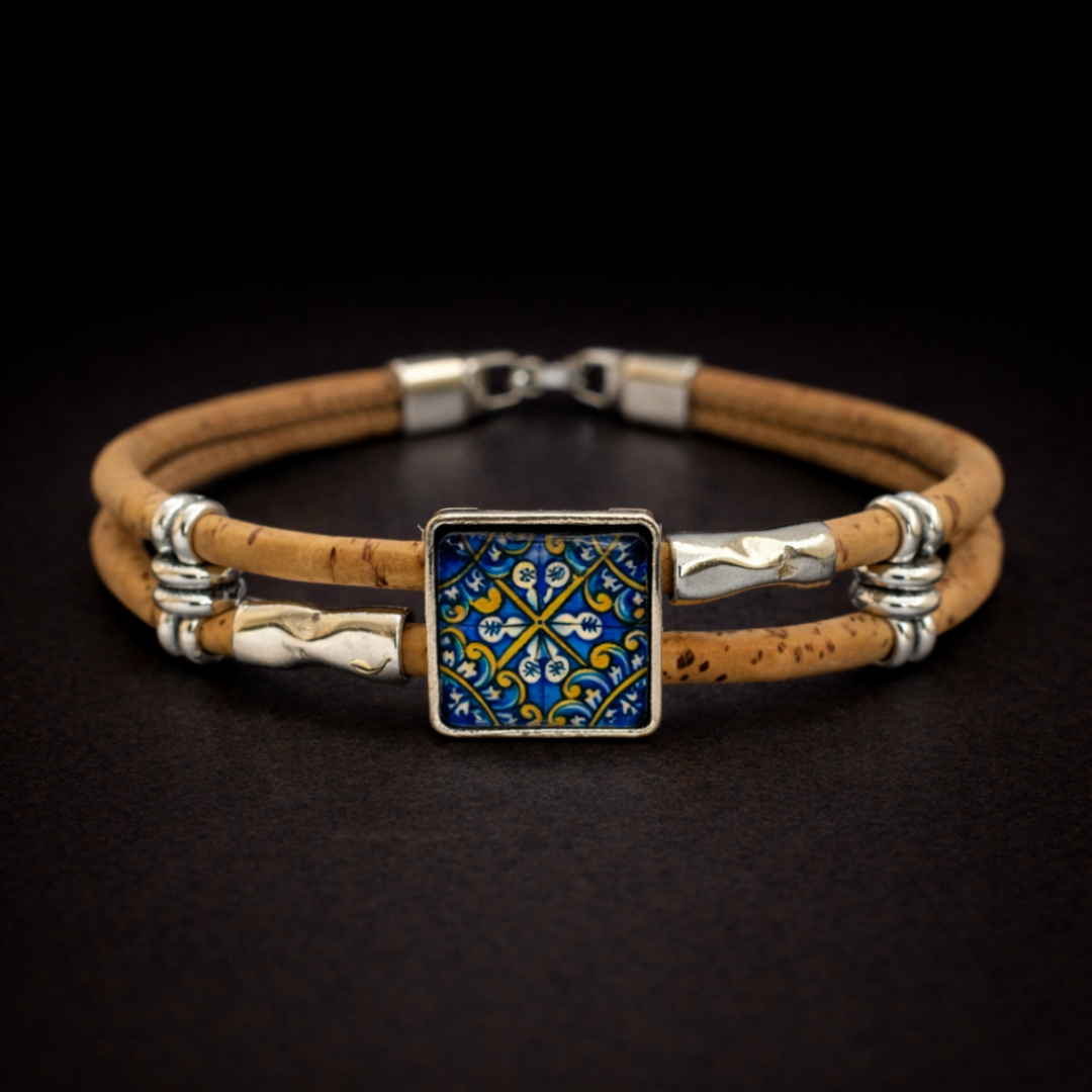 Handmade Natural Cork Square Tile Bracelet - yellow cross
