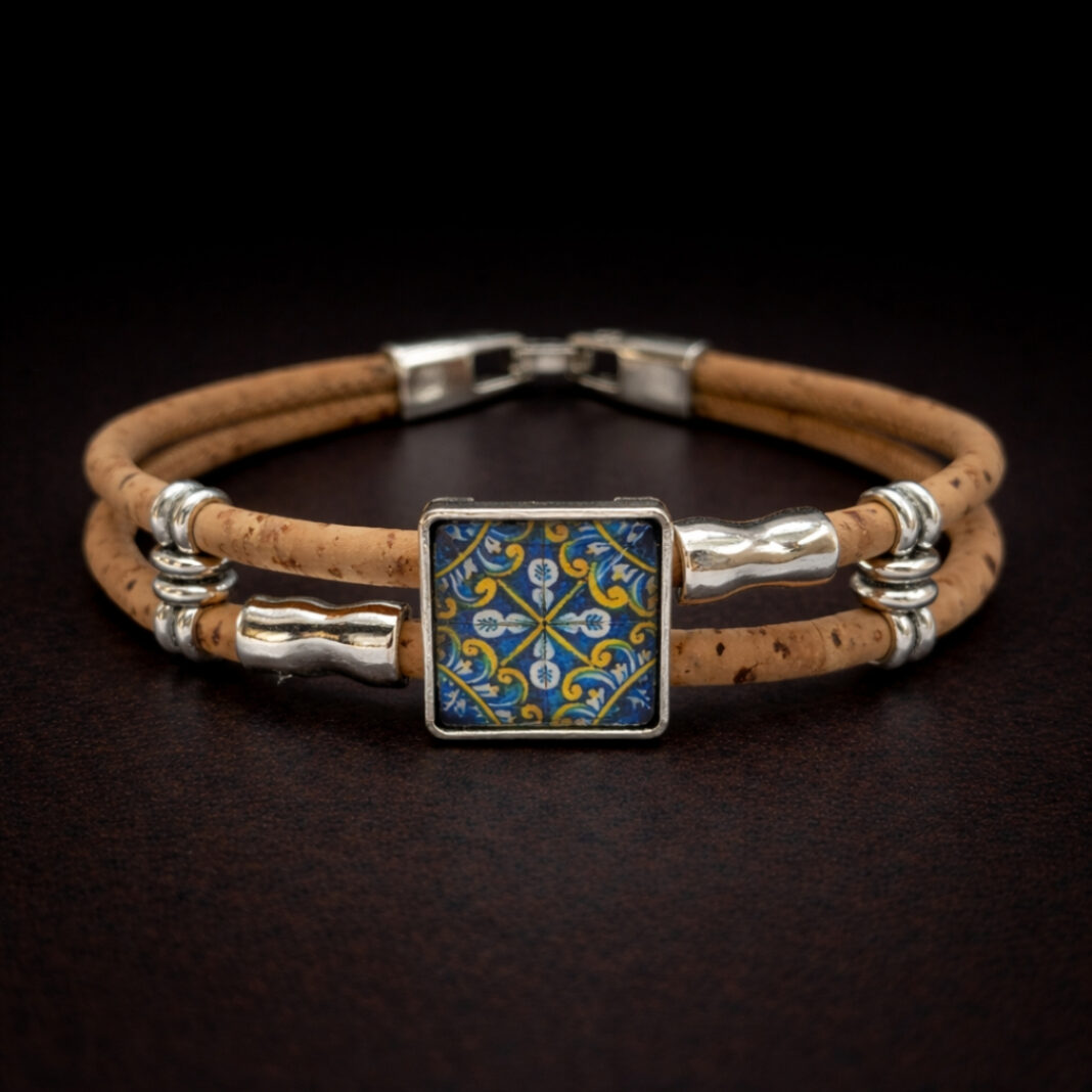 Handmade Natural Cork Square Tile Bracelet - white cross