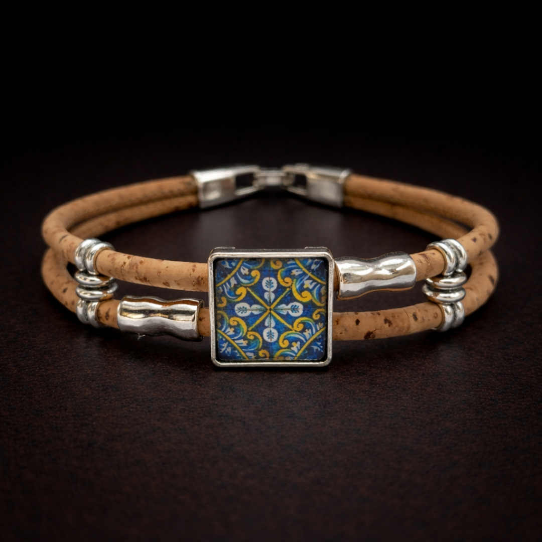 Handmade Natural Cork Square Tile Bracelet - white cross