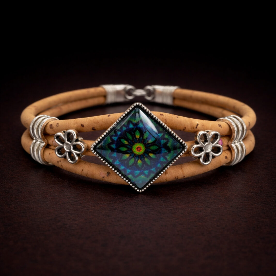 Handmade Natural Cork Diamond Shape Tile Bracelet - peacock flower