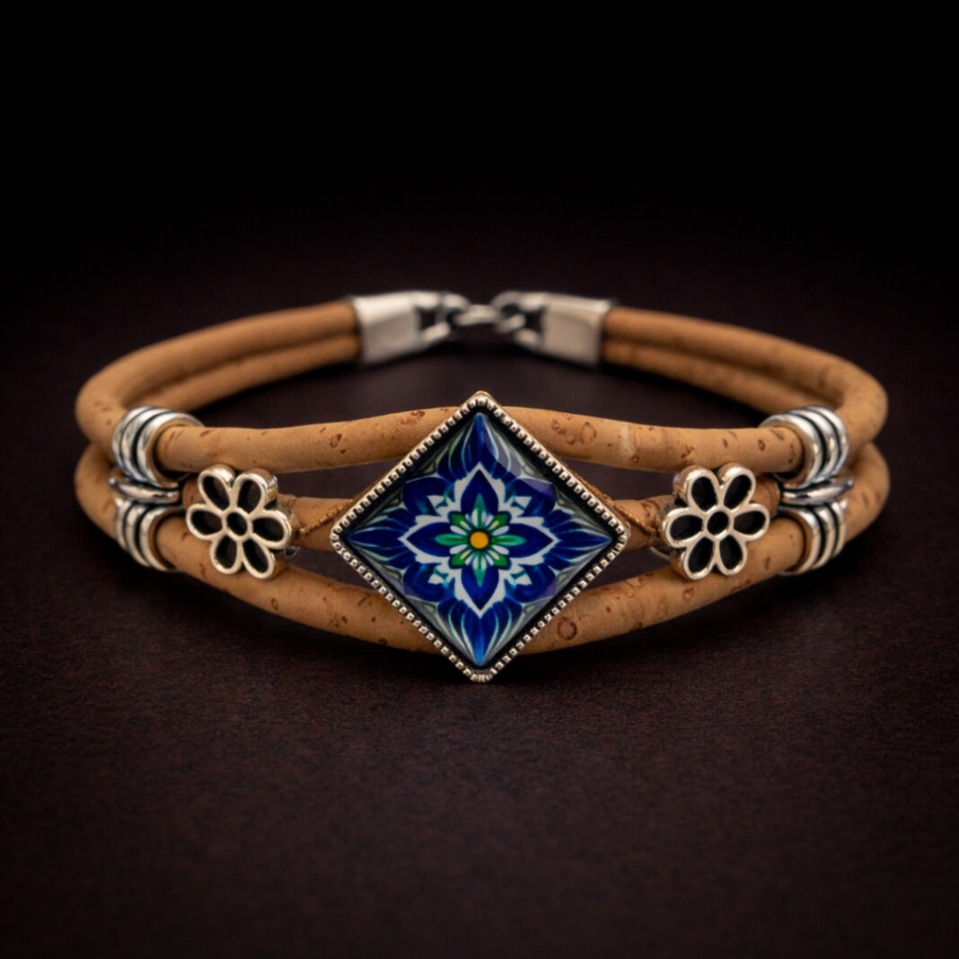 Handmade Natural Cork Diamond Shape Tile Bracelet - blue cross