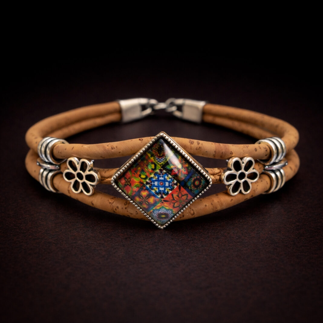 Handmade Natural Cork Diamond Shape Tile Bracelet - nine tiles