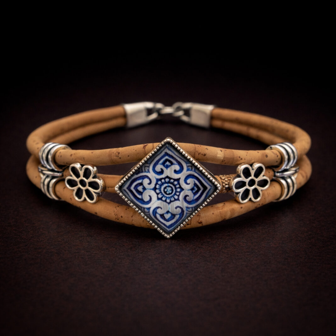 Handmade Natural Cork Diamond Shape Tile Bracelet - blue flower