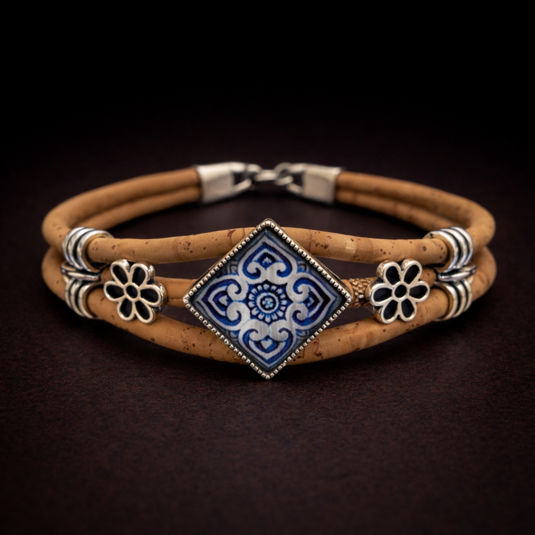 Handmade Natural Cork Diamond Shape Tile Bracelet - blue flower